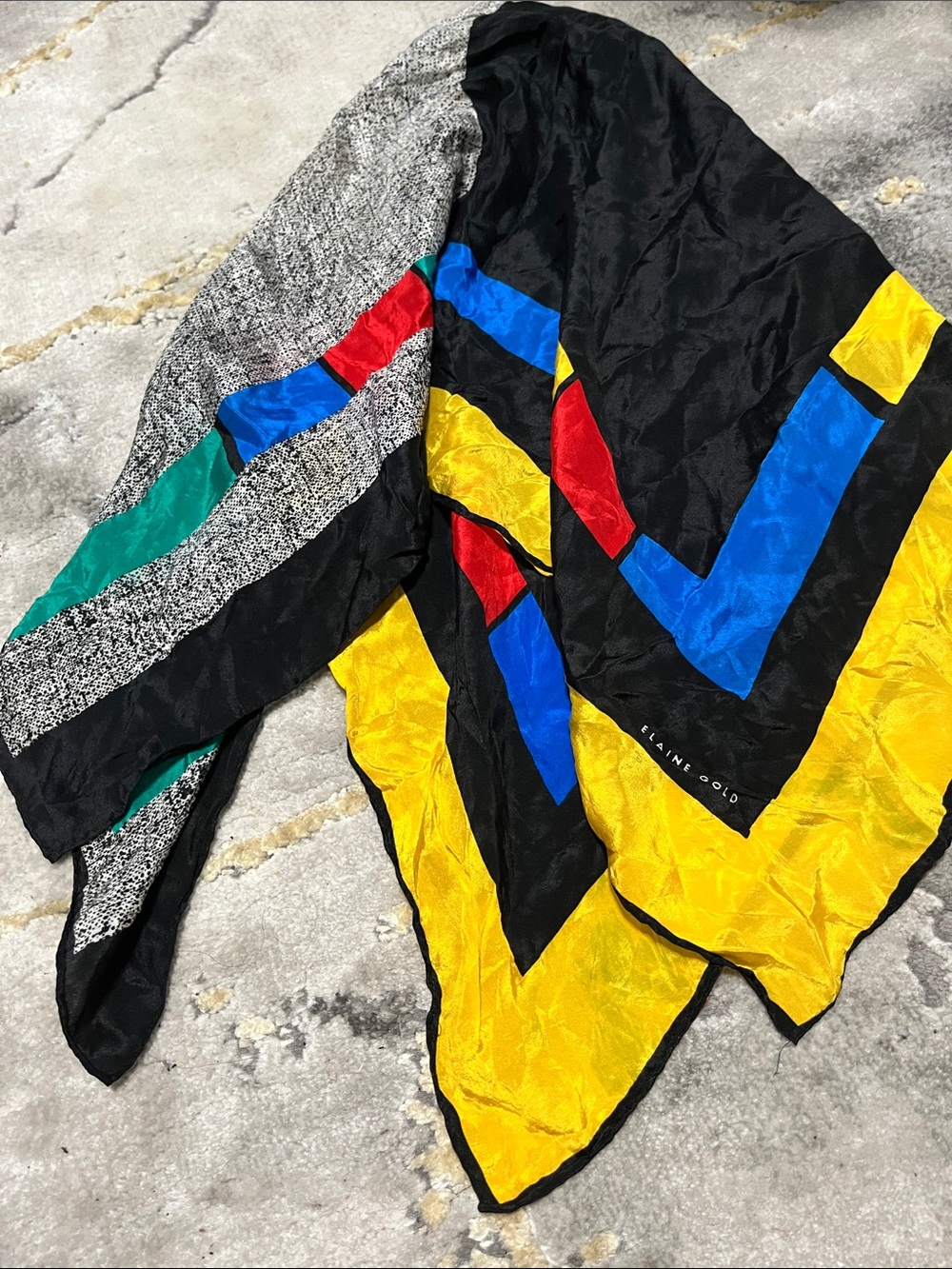 vintage Elaine Gold silk scarf featuring a geometric